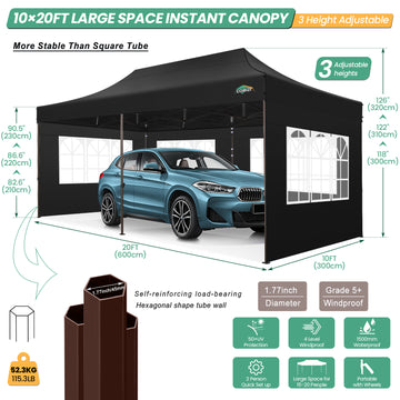 COBIZI 10x20 Pop Up Canopy Tent Heavy Duty with 6 Removable Sidewalls, Commercial Heavy Duty Pop Up Tent for Parties All Weather Waterproof and UV 50+ Wedding Tent with Roller Bag(Black)