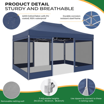 COBIZI Canopy Tent 10x15 Heavy Duty,Pop Up Canopy Gazebo with Netting Screened ,Waterproof Ez up Canopy with Sidewalls,Outdoor Instant Party Tent for Backyard,Wedding, Birthday,BBQ,Dark Blue