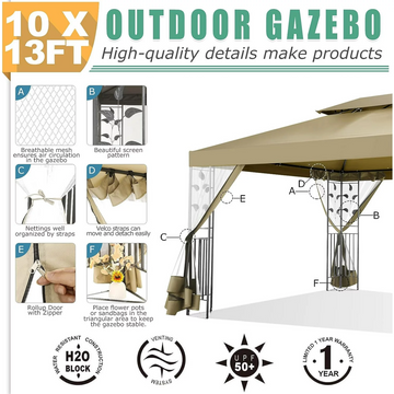 COBIZI 10' x 13' Pop Up Gazebo, Outdoor Steel Double Roof Canopy, Metal Frame Pavilion with Mosquito Netting, Sunshade for Backyard, Garden, Patio and Lawns, Khaki