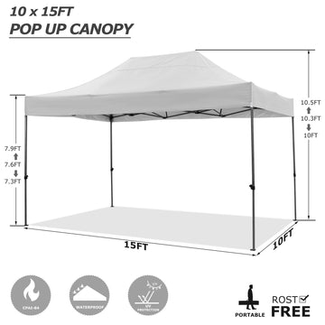 COBIZI 10x15ft Pop up Canopy,Easy up Heavy Duty Canopy with 4 Removable Sidewalls,All Weather Sunshade 100% Waterproof Outdoor Canopy Tents,White