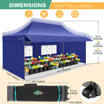 COBIZI 10x20 Pop Up Canopy Heavy Duty Party Tent with Removable Awning and Sidewalls,Easy Up Outdoor Wedding Canopy,Gazebo All Season Windproof&Waterproof with Roller Bag UPF 50+,Dark Blue