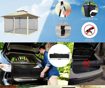 COBIZI 12'x12' Pop Up Gazebo Patio Gazebo Outdoor Gazebo Canopy with Mosquito Netting Patio Tent Backyard Canopy with 2-Tiered Vented Top 3 Adjustable Height and 144 Square Ft of Shade, Beige