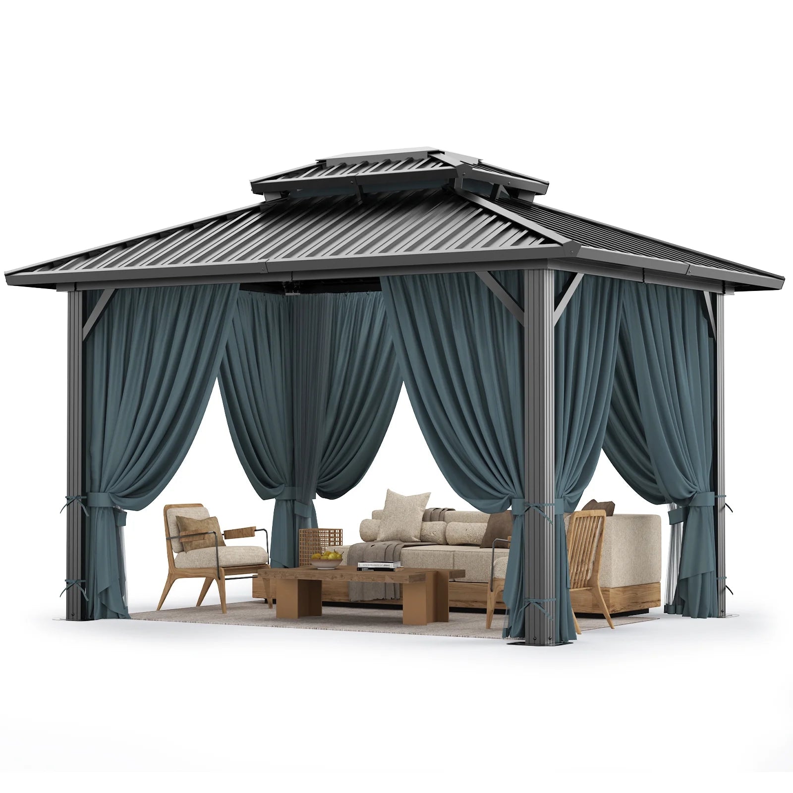 Polar Aurora 10x12 FT Hardtop Gazebo – Gray Steel Frame, Metal Roof, Netting & Curtains, Weather Resistant