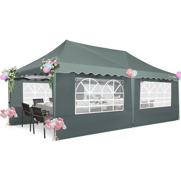 HOTEEL Canopy Tent 10X20 Pop Up Hollow Tent with 6 Removable Side Walls,Outdoor Event Party Canopy,Instant Portable,Suitable for Parties,Weddings,Camping and Beaches,with Wheeled Bag,Grey Green