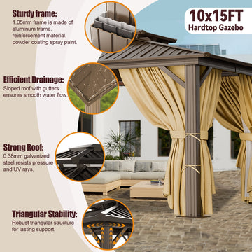 COBIZI 10x15ft Hardtop Gazebo, Polycarbonate Double Roof Aluminum Gazebo, Outdoor Waterproof Canopy Gazebo with Netting and Curtains for Backyard, Deck, Patio,Brownopy Gazebo with Netting and Curtains for Backyard, Deck, Patio,Brown