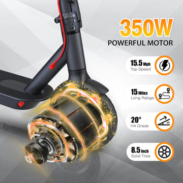 Caroma Electic Scooter for Adults and Teens, 15 Miles Range & 15.5MPH Top Speed, Powerful 350W E-Scooter, Folding Scooters with 8.5in Solid Tires, Lightweight and Max Load up to 265lbs, Black