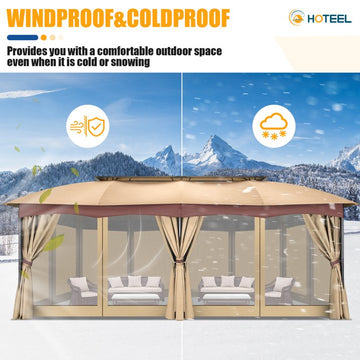 Hoteel 12X20 Heavy Duty Gazebo Outdoor Gazebo with Mosquito Netting and Curtains, Canopy Tent Deck Gazebo with Double-Arc Roof Ventiation and Metal Steel Frame Suitable for Lawn, Backyard, Patio,Khaki