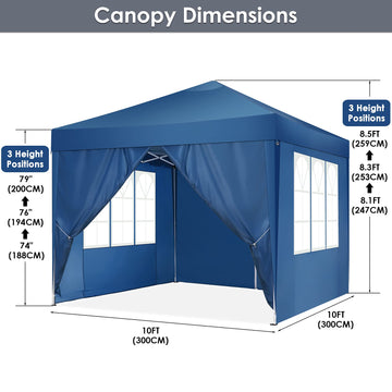 COBIZI 10'x10' ft Popup Canopy Waterproof Canopy with 4 Sidewalls Outdoor Commercial Instant Shelter Beach Camping Canopy Tent for Party