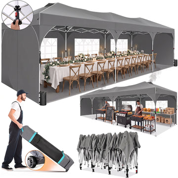 COBIZI 10x30 Pop Up Canopy Tent with Sidewalls, Easy Setup Party Gazebo with Air Vents, UPF 50+ Waterproof Outdoor Sun Shelter for Events, Commercial Markets, Parties, Gray