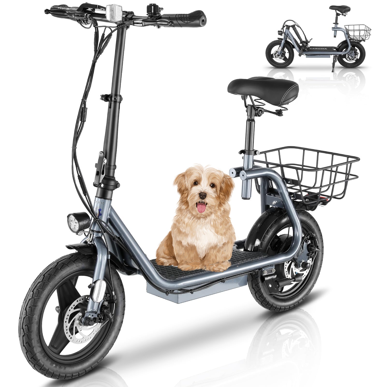 Caroma Electric Scooters, Foldable Adult Shock Absorbing Electric Bike for Commuting, 14" Tires Electric Scooter with Seat for Adults, Peak 819W Motor Up to 20MPH/25 Miles