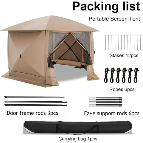 COBIZI 12x12 Pop-up Gazebo Starry Sky Screen Canopy Tent Screen House with 5 Sidewalls and Mosquito Nettings for Camping, Hub Tent Instant Screened Canopy with Carrying Bag and Ground Stakes, Khaki