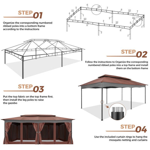 COBIZI 12x20 Heavy Duty Canopy Gazebo Outdoor Gazebo with 6 Netting and Curtains 100% Waterproof Party Wedding Tents with Double Roof and Metal Steel Frame for Backyard, Patio, Lawn, Garden, Brown