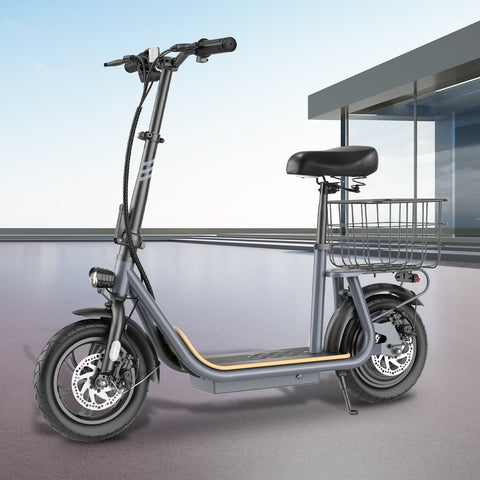 Electric Scooters with Seat for Adults, 350W(Peak 560W) Motor, 12 Miles Long Range, 20 MPH Top Speed, Foldable E Bike for Commuting with Basket,Yellow