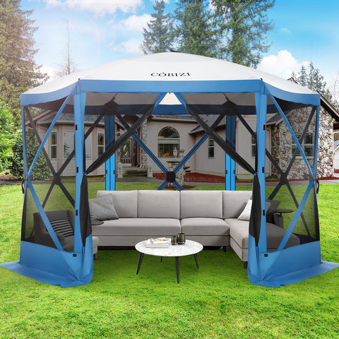 COBIZI 12'x12' 6-seitiges tragbares Paravent-Haus, einfach aufklappbarer Pavillon, Outdoor-Campingzelt mit Tragetasche, wasserdicht, UV-beständig, befestigte Windpaneele, 8–10 Personen und Tisch, grau 
