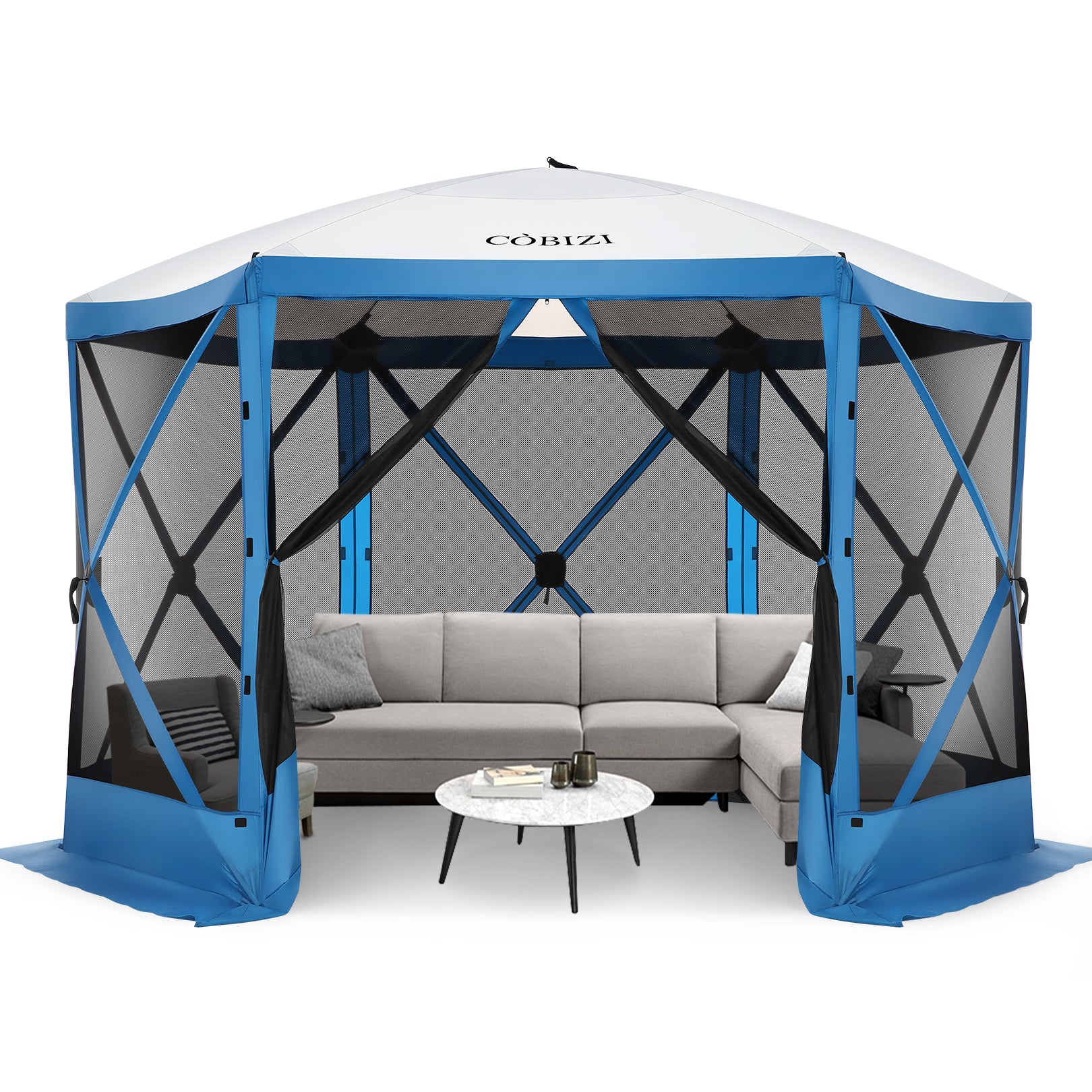 COBIZI 12'x12' Pop-up Gazebo Outdoor Camping Tent with 6 Sides Mosquito Netting, Waterproof, UV Resistant, Portable Screen House Room, Easy Set-up Party Tent with Carry bag, Ground Spike, Blue