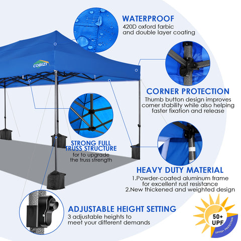 COBIZI 10'x30' Pop-Up-Überdachung, Partyzelt, Outdoor-Event-Sofortpavillon, wasserdichtes, kommerzielles, robustes Vordach für Veranstaltungen mit 8 Seitenwänden und 4 Sandsäcken, Tragetasche mit Rollen, Blau 