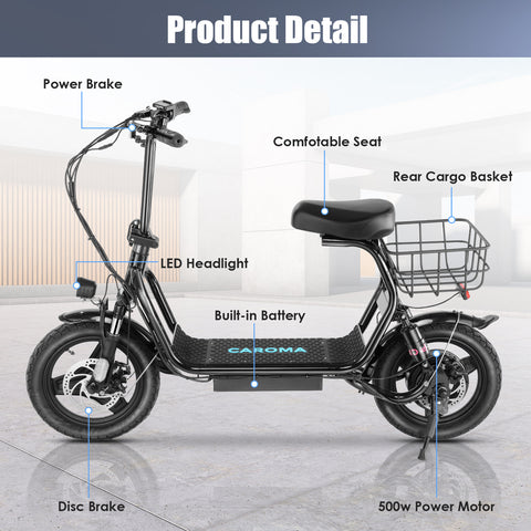 Caroma Peak 819W Electric Scooter for Adults, 14" Tire, 375Wh Battery, 25 Miles Range, 20MPH Top Speed, Foldable Electric Scooter with Seat & Basket for Commuting, Shock Absorbing Ebike for Adults