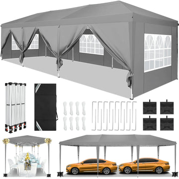 COBIZI 10x30 Canopy Party Tent with 8 Sidewalls,Waterproof UPF 50+ 0utdoor Wedding Event Tents for Parties Backyard Pop up Canopy Gazebo with 4 Sand Bags&Carry Bags,Gray