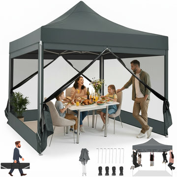 COBIZI 10x10 Heavy Duty Canopy, Pop Up Canopy Gazebo with Netting, Waterproof & Sunproof Party Tent with Mosquito Net, Outdoor Instant Canopy for Outside Party Backyard, Weddings, Birthdays, Gray