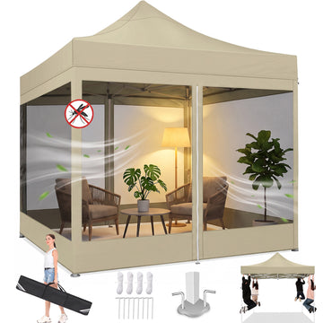 COBIZI 10x10 Heavy-Duty Pop-up Canopy with Mosquito Netting, Instant Outdoor Shelter for Parties, Backyard, Camping & Events, Khaki