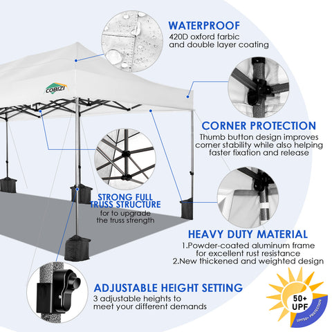 COBIZI 10'x30' Pop-Up-Überdachung, Partyzelt, Outdoor-Event-Sofortpavillon, wasserdichtes, kommerzielles, robustes Vordach für Veranstaltungen mit 8 Seitenwänden und 4 Sandsäcken, Tragetasche mit Rollen, Blau 