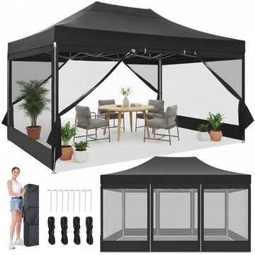 HOTEEL 10x15 Heavy Duty Pop up Canopy with Mosquito Net,Instant Outdoor Shelter Large Canopy Tent for Outside,Gazebo with Mesh Sidewalls for Party,Backyard,Camping,Black