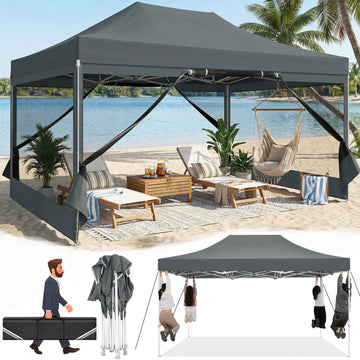 COBIZI Canopy Tent 10x15 Heavy Duty,Pop Up Canopy Gazebo with Netting Screened ,Waterproof Ez up Canopy with Sidewalls,Outdoor Instant Party Tent for Backyard,Wedding, Birthday,BBQ,Gray