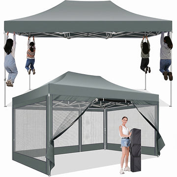 COBIZI 10x15 Heavy Duty Pop up Canopy with Mosquito Net,Pop-up Canopy with Screen Instant Outdoor Shelter Party Canopy Tent for Outside,Gazebo with Netting Sidewalls for Patio,Party,Garden,Gray