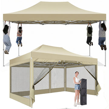 COBIZI 10x15 Heavy Duty Pop up Canopy with Mosquito Net,Pop-up Canopy with Screen Instant Outdoor Shelter Party Canopy Tent for Outside,Gazebo with Netting Sidewalls for Patio,Party,Garden,Khaki