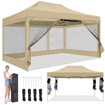 COBIZI 10x15 Heavy Duty Pop up Canopy, Instant Setup Outdoor Canopy with Mesh Sidewalls, for Patio, Party, Backyard, Camping, Beige