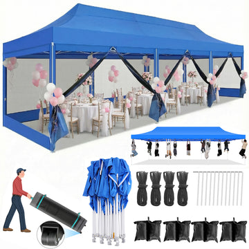 COBIZI 10x30 Canopy Heavy Duty Tent,Pop Up Canopy Gazebo with Netting Screened,Waterproof&Sunproof Ez up Canopy with Sidewalls,Outdoor Instant Party Tent for Backyard,Wedding,Birthday,BBQ,Blue