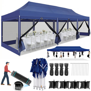 COBIZI 10x30 Heavy Duty Pop up Canopy with Mosquito Net,Instant Outdoor Shelter Large Canopy Tent for Outside,Gazebo with Mesh Sidewalls for Party,Backyard,Camping,Darkblue