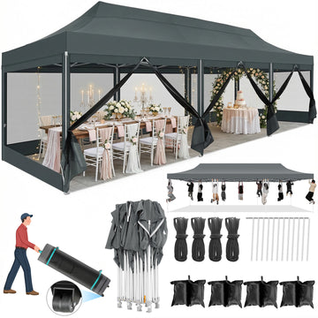 COBIZI 10x30 Canopy Heavy Duty Tent,Pop Up Canopy Gazebo with Netting Screened,Waterproof&Sunproof Ez up Canopy with Sidewalls,Outdoor Instant Party Tent for Backyard,Wedding,Birthday,BBQ,Gray