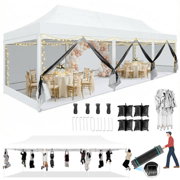 COBIZI 10x30 Canopy Heavy Duty Tent,Pop Up Canopy Gazebo with Netting Screened,Waterproof&Sunproof Ez up Canopy with Sidewalls,Outdoor Instant Party Tent for Backyard,Wedding,Birthday,BBQ,White
