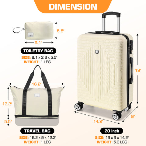 SANOPY 20" Expandable Carry-On Luggage Set, Hardside 3PCS Lightweight Suitcase Set with TSA Lock and Spinner Wheels, Beige