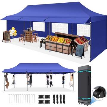COBIZI 10x30 Heavy Duty Pop Up Canopy for Party Wedding Outdoor Events, Waterproof 420D PU Oxford UPF 50+, Removable Awning & 5 Sidewalls, Easy Set-Up with 1080D Roller Bag,Dark Blue