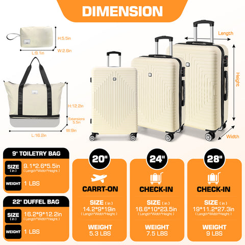 SANOPY 20" Expandable Carry-On Luggage Set, Hardside 3PCS Lightweight Suitcase Set with TSA Lock and Spinner Wheels, Beige