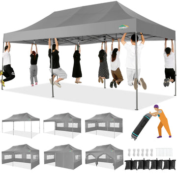 COBIZI 10x20 Heavy Duty Pop up Canopy Tent with 6 sidewalls Easy Up Commercial Outdoor Canopy Wedding Party Tents for Parties All Season Wind & Waterproof Gazebo with Roller Bag,Gray(Frame Thickened)