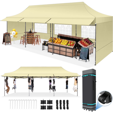 COBIZI 10x30 Heavy Duty Pop Up Canopy for Party Wedding Outdoor Events, Waterproof 420D PU Oxford UPF 50+, Removable Awning & 5 Sidewalls, Easy Set-Up with 1080D Roller Bag,Khaki