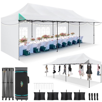 COBIZI 10x30 Heavy Duty Pop Up Canopy, Waterproof 420D PU Oxford, UPF 50+, Removable Awning & 5 Sidewalls, Easy Set-Up Party Tent with 1080D Roller Bag, Level 4 Wind Resistance, White