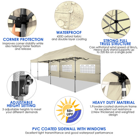 COBIZI 10'x30' Pop-Up-Überdachung, Partyzelt, Outdoor-Event-Sofortpavillon, wasserdichtes, kommerzielles, robustes Vordach für Veranstaltungen mit 8 Seitenwänden und 4 Sandsäcken, Tragetasche mit Rollen, Blau 