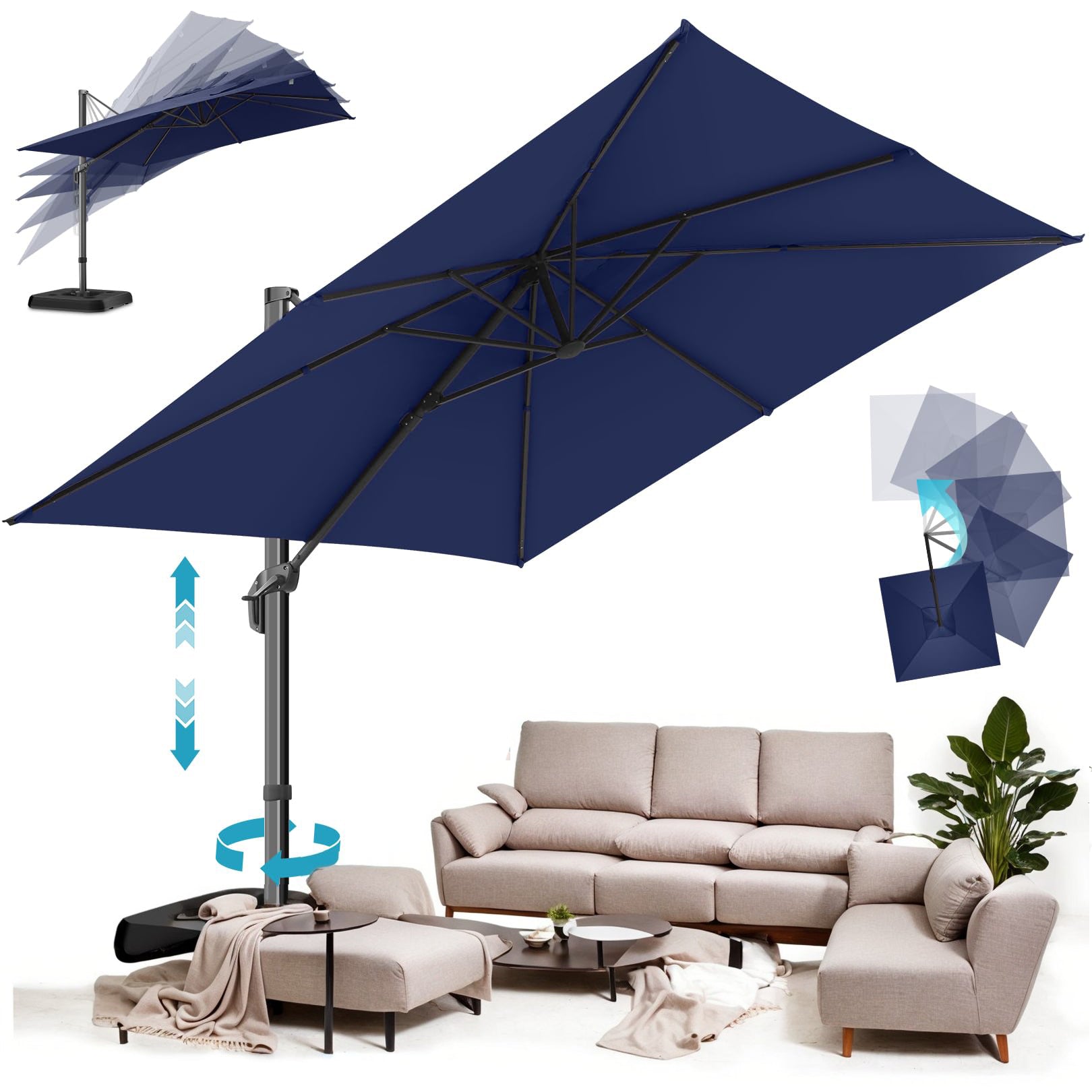 SANOPY 10x10 Cantilever Patio Umbrella Outdoor Patio Umbrella, 360 Degree Rotation Steel Market Patio Umbrella with Base, Crank, Tilt Button, Dark Blue