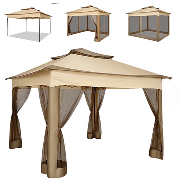 YUEBO Outdoor Canopy Gazebo 11x11 Pop Up Gazebo Patio Gazebo with 4 Mosquito Netting Outdoor Canopy Shelter with 121 Square Feet of Shade for Outdoor Lawn, Party, Garden, Backyard and Deck, Khaki