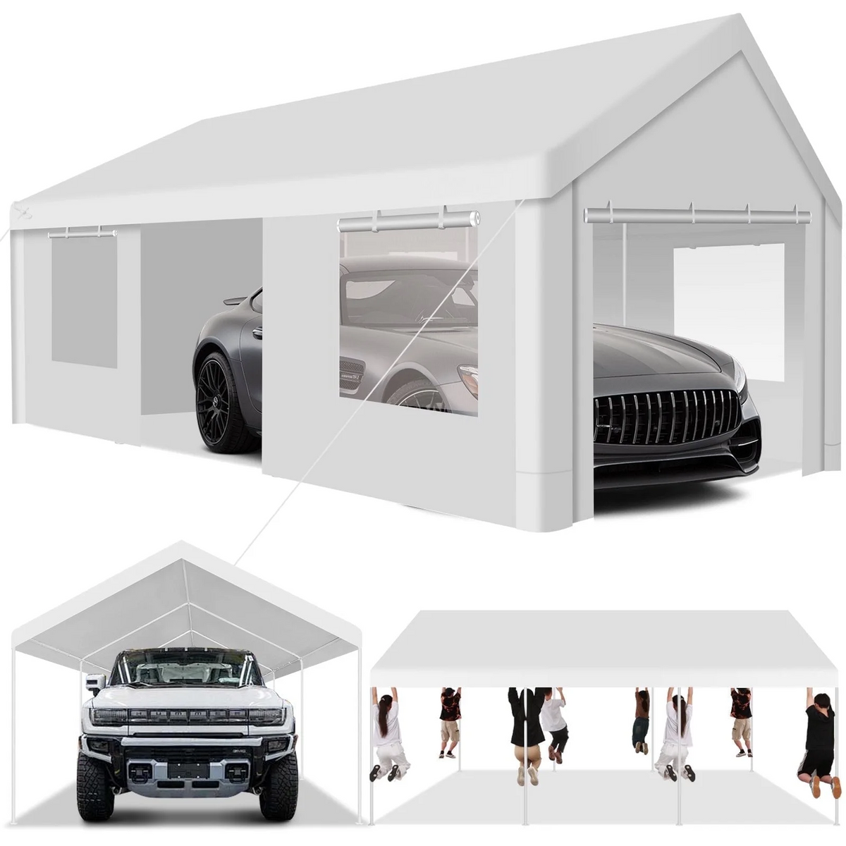 COBIZI Carport 12'x20' Large Heavy Duty Car Tent with Powder-Coated Steel Frame, Portable Garage with Removable Sidewalls & Doors, Car Canopy with All-Season Tarp for Outdoor Party, Birthday, White