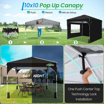 COBIZI 10x10 Pop Up Canopy Tent with Sidewalls,Waterproof Easy up Canopy for Camping,Outdoor Instant Folding Gazebo 10x10 Canopy for Party with Air vent,Reflective Strip,Carry Bag&Sandbags