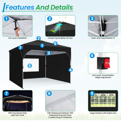 COBIZI 10x10 Pop Up Canopy Tent with Sidewalls,Waterproof Easy up Canopy for Camping,Outdoor Instant Folding Gazebo 10x10 Canopy for Party with Air vent,Reflective Strip,Carry Bag&Sandbags
