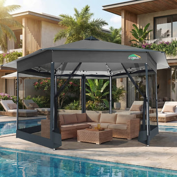 COBIZI 13x13 Pop-Up Canopy Tent, Gazebo with Mosquito Netting Outdoor Portable Patio Shelter with Carry Bag for Garden, Deck & Backyard, Dark gray