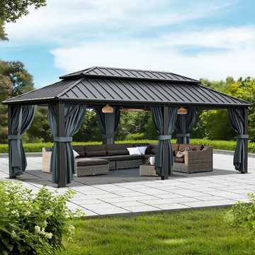 COBIZI 12x20 Hardtop Gazebo with Metal Roof, Heavy Duty Galvanized Steel Gazebo, Reinforced Square Column, Flame-Resistant Curtains and Netting,Permanent Gazebo for Deck,Lawns and Backyard,Black(Pro)