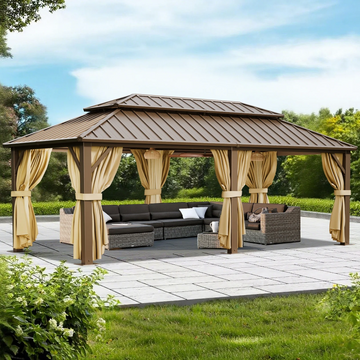 COBIZI 12x20 Hardtop Gazebo with Metal Roof, Heavy Duty Galvanized Steel Gazebo, Reinforced Square Column, Flame-Resistant Curtains and Netting,Permanent Gazebo for Deck,Lawns and Backyard,Brown(Pro)
