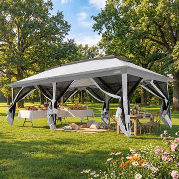 COBIZI 12x20 Pop-up Gazebo Patio Gazebo Outdoor Gazebo Canopy with Mosquito Netting Patio Tent Backyard Canopy with 2-Tiered Vented Top 3 Adjustable Height and 144 Square Ft of Shade, Light Gray
